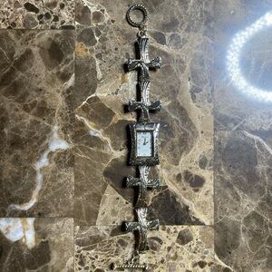 Vintage Geneva Platinum Silver Cross Link Bracelet Watch Rectangular Dial